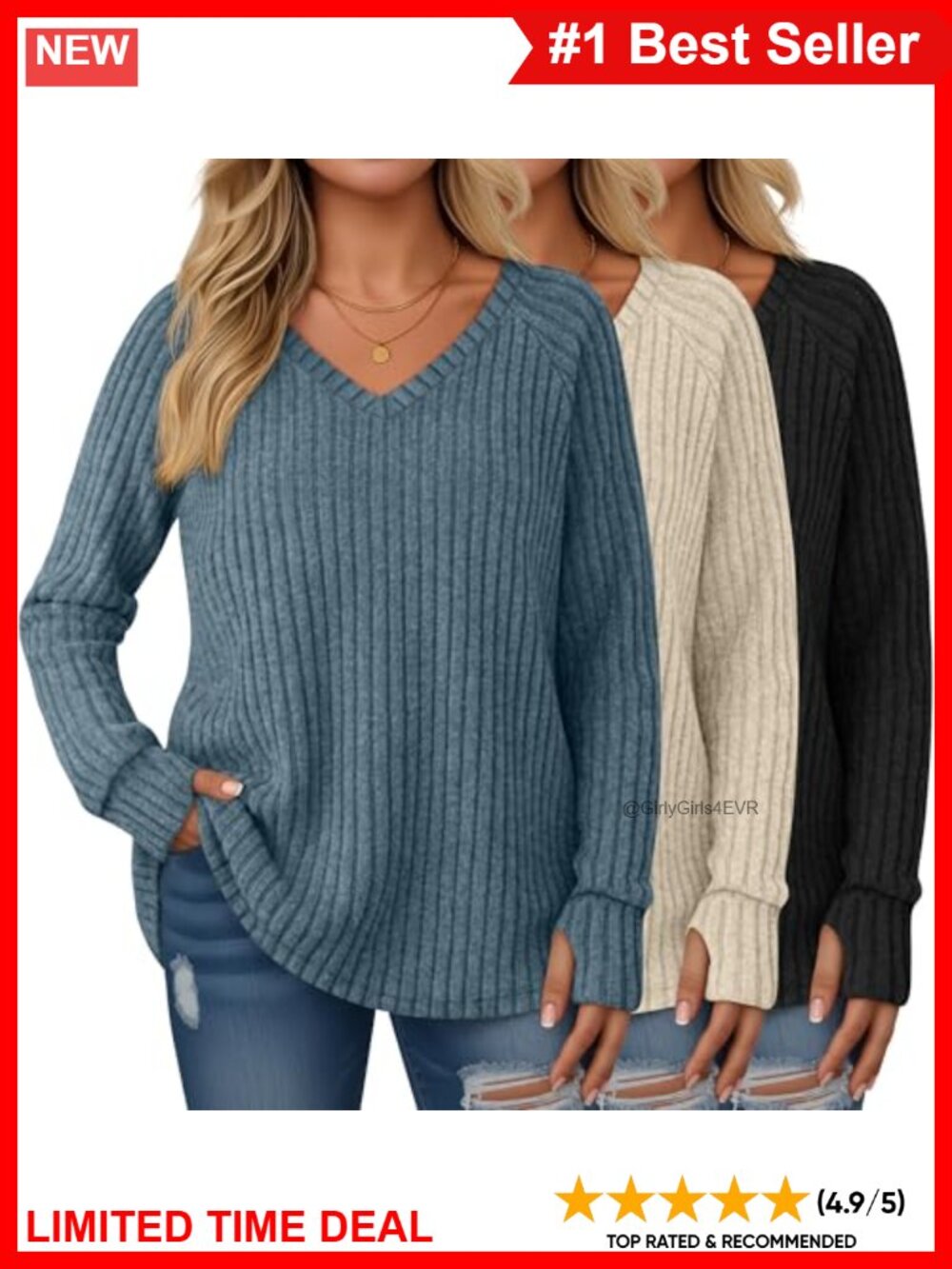 Plus Size V-Neck Tunic Sweaters 3 Pack Brushed Rib Knit Thumb Holes